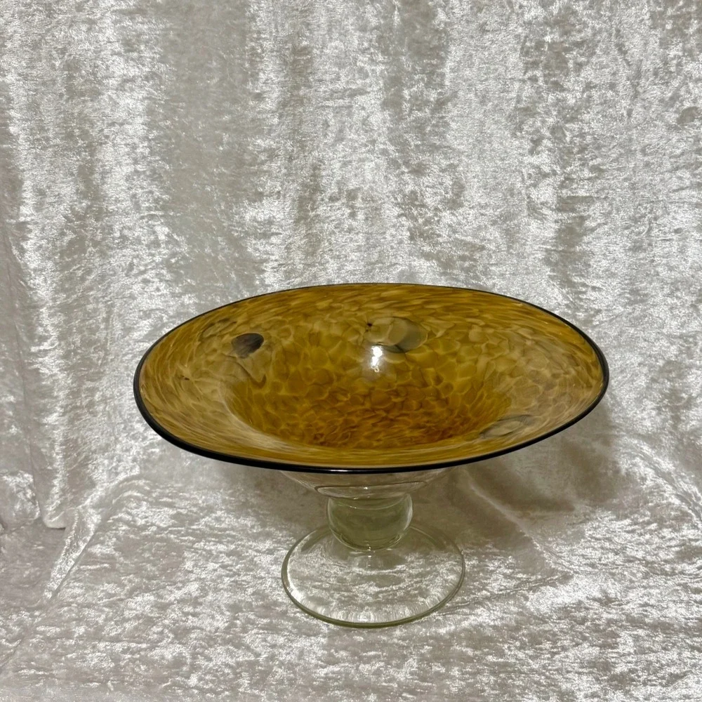Amber Swirl Bowl‎ Cleat Pedestal Dark Rim Glass Decorative Trinket Dish 6